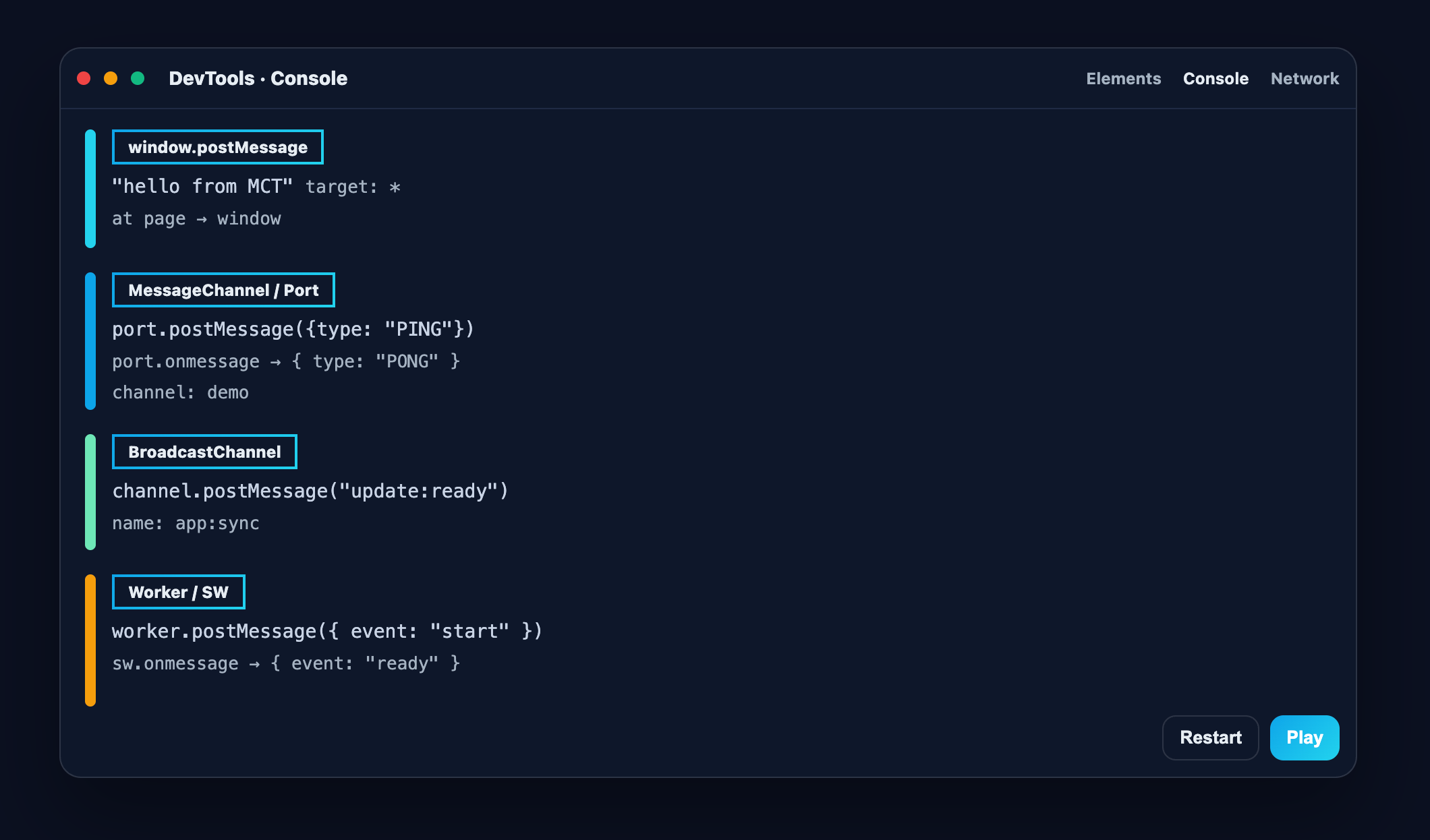 DevTools 콘솔에서 메시지가 색상/그룹으로 정리되어 흐름을 보여주는 장면